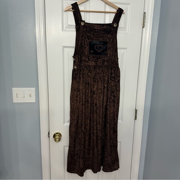 Vintage Pinafore Dress Overall Velvet Brown 90s Heart Whimsigoth Size Medium - Picture 4 of 9